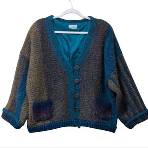 Vintage Persnickety oversized chunky-knit grandpa cardigan brown teal flaw